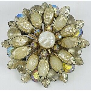 Unmarked Beau Jewels Art Glass AB Rhinestones & Pearled Navettes Brooch 2.25"